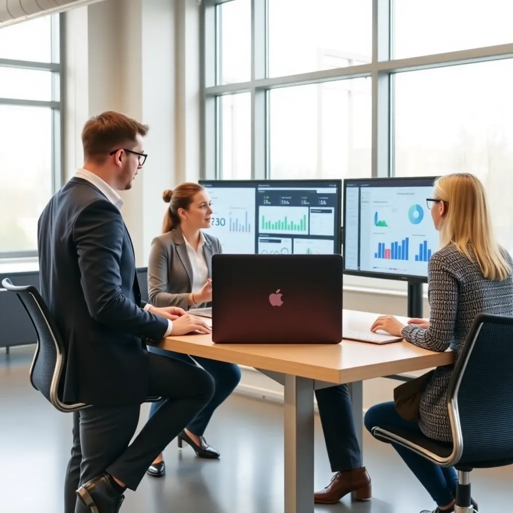 Professionele data-analisten bespreken dashboards in een modern kantoor