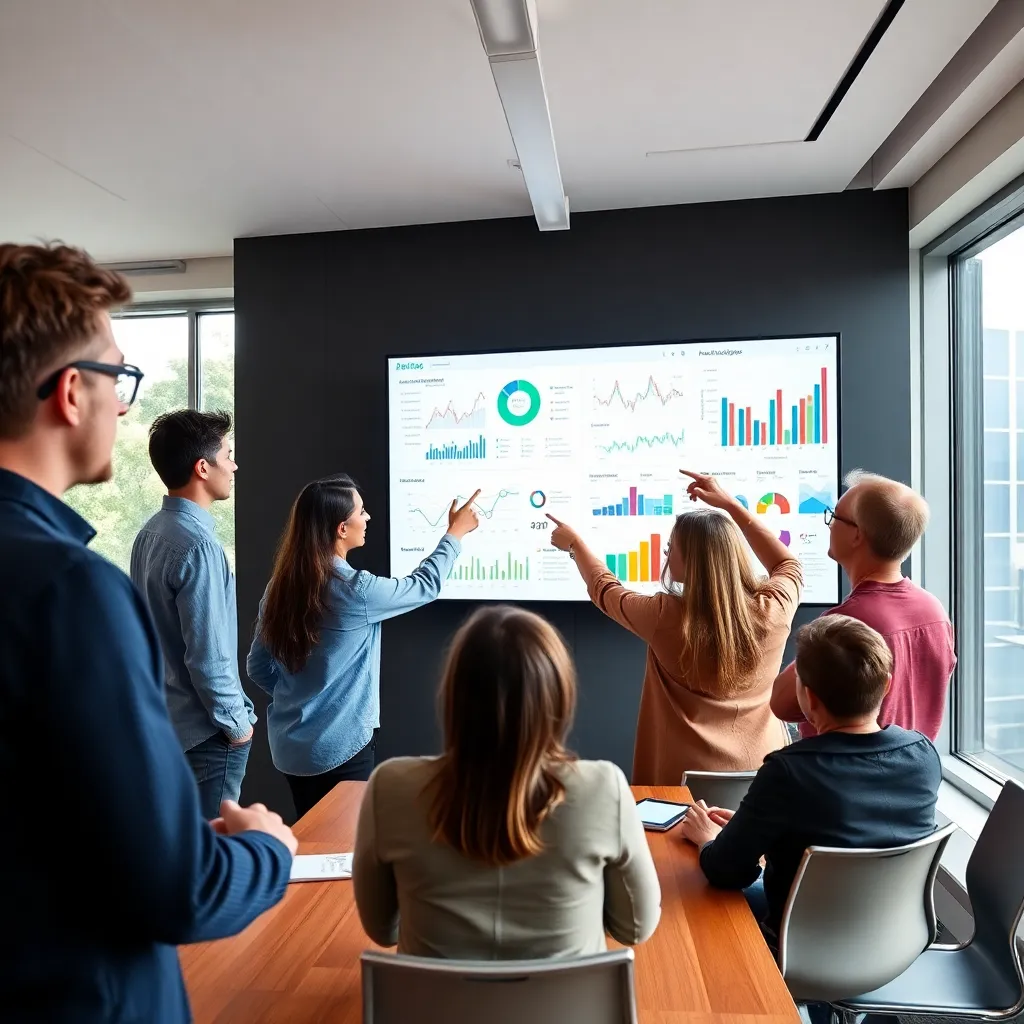 Team bespreekt datavisualisaties op groot scherm in vergaderruimte