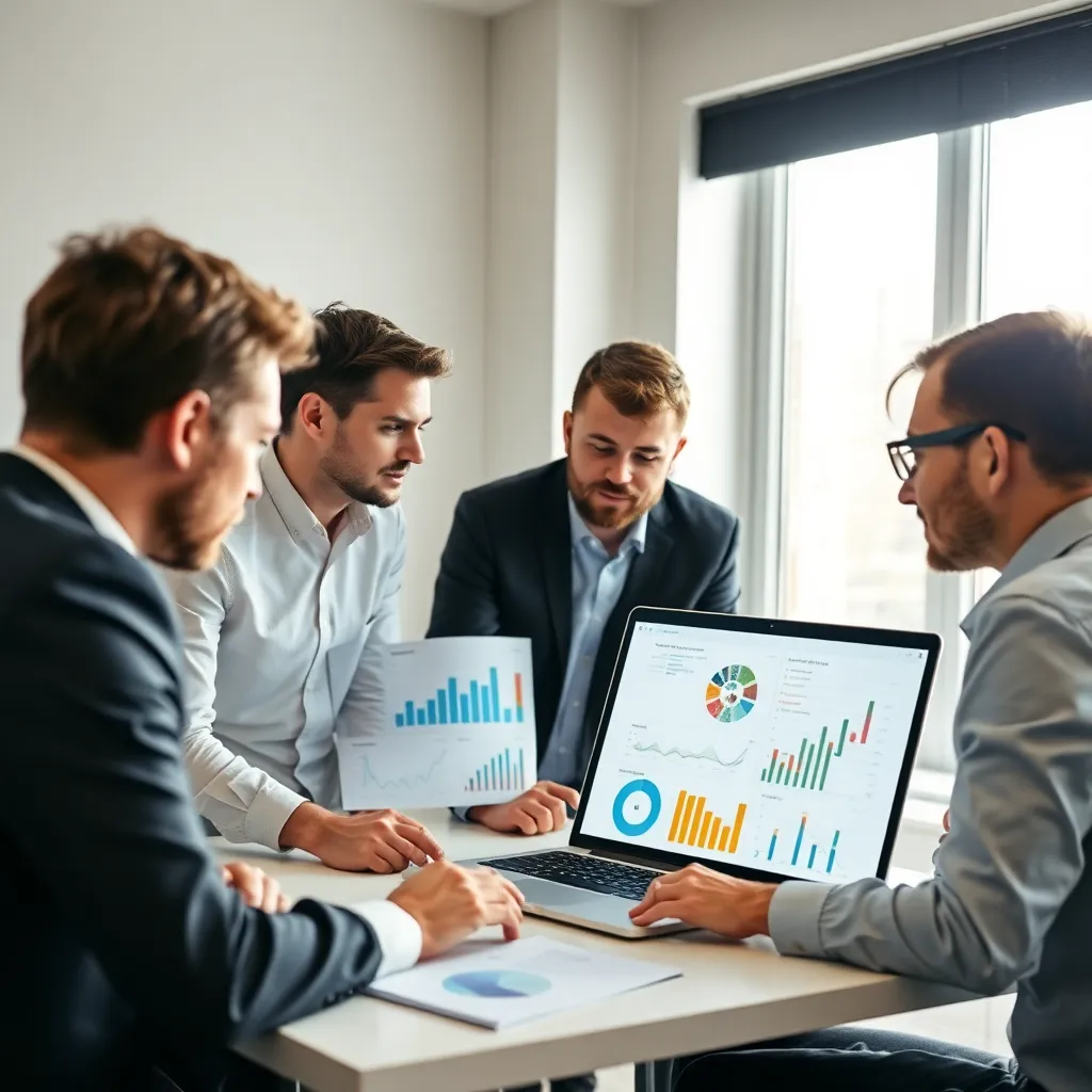 Business intelligence specialist analyseert rapportages op laptop